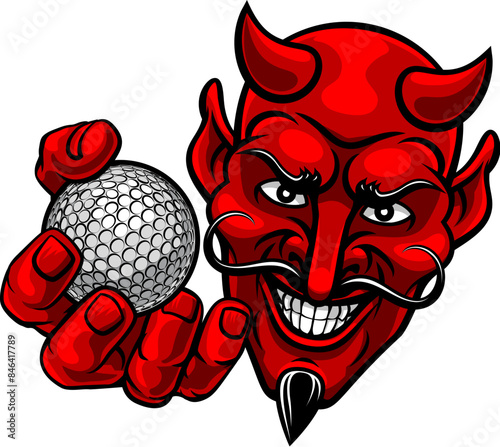 A devil or satan golf sports mascot cartoon character holding a ball