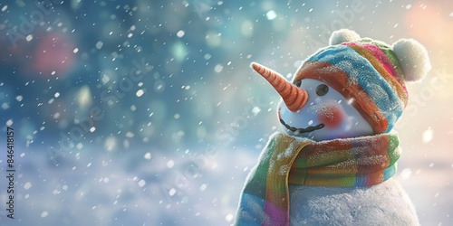 A snowman, endowed with a classic carrot nose and dressed in vibrant winter attire, stands in a gently falling snow, exuding warmth and festive cheer.