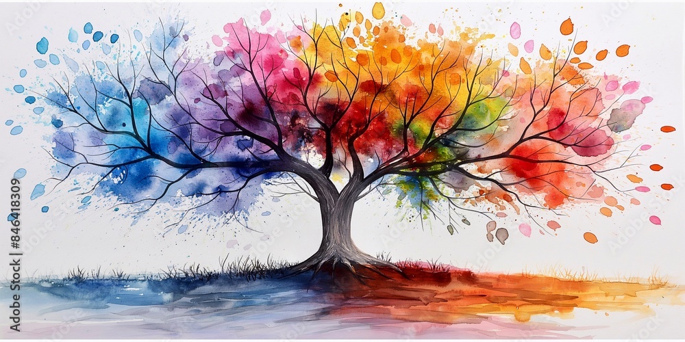 A beautiful tree with colorful leaves, watercolors on canvas