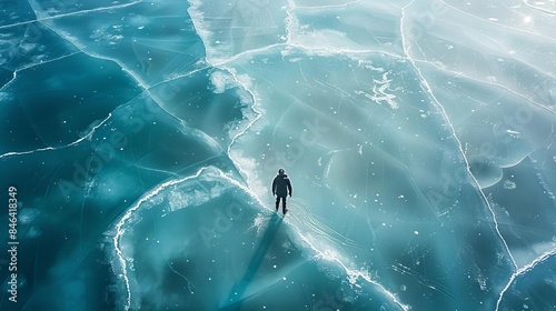 An expansive frozen lake from above, highlighting a lone figure enjoying the Canadian pastime of ice skating