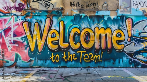 Graffiti Welcome to the Team Street Art. Vibrant street art with graffiti text 