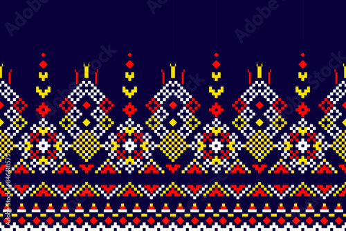 Geometric Pixel Art Pattern - Vibrant Ethnic Design Vectorข