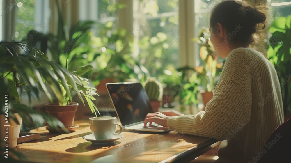 Closeup woman freelancer working in a cozy room with house plants while using laptop