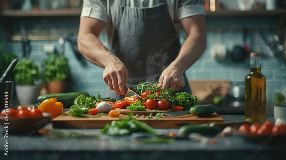 Closeup male cook hand cutting vegetables in restaurant kitchen Closeup male cook hand cutting vegetables in restaurant kitchen