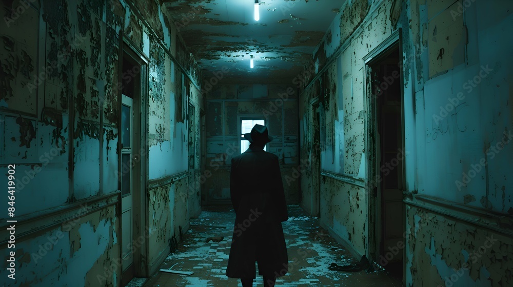 Mysterious Figure in a Decaying Hallway. Mysterious Figure in a Decaying Hallway.