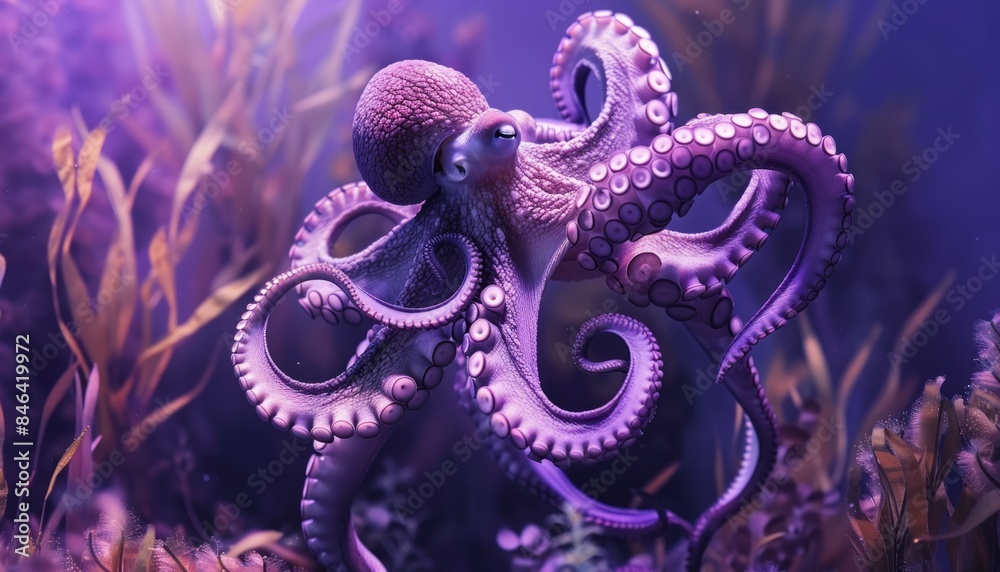 Obraz premium Purple Majesty: The Stunning Octopus Among Sea Plants