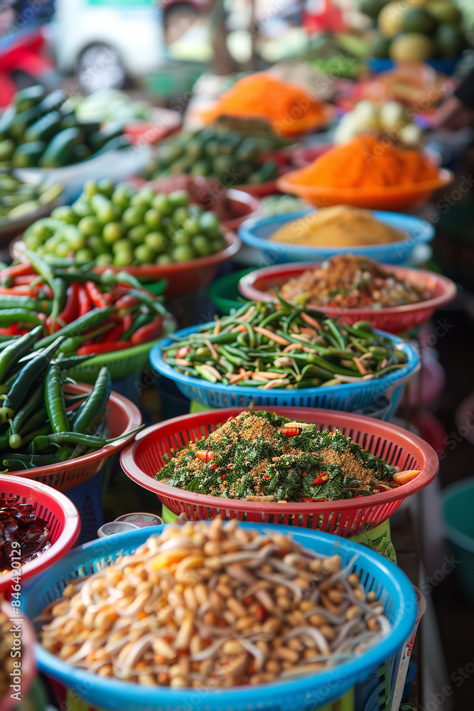 Fototapeta premium Colorful Thai Street Food Market with a Variety of Traditional Dishes 