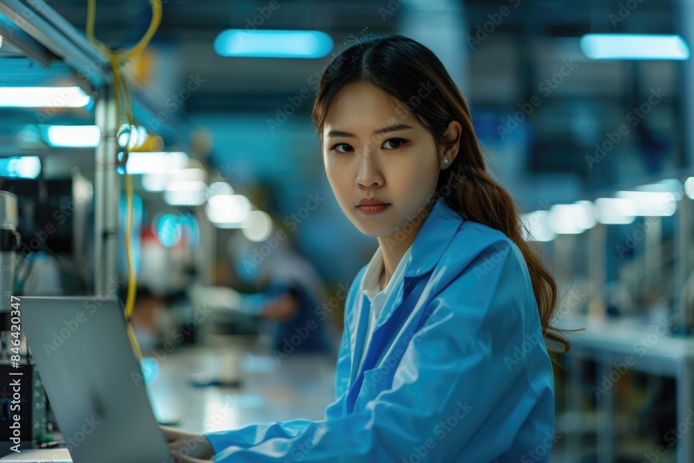 Fototapeta premium A woman in a blue lab coat is sitting at a computer