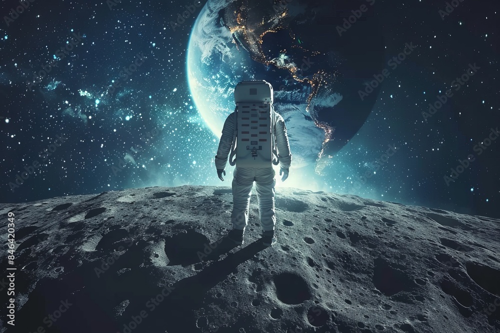 Fototapeta premium astronaut standing on the moon looking to the earth under galaxy start space.