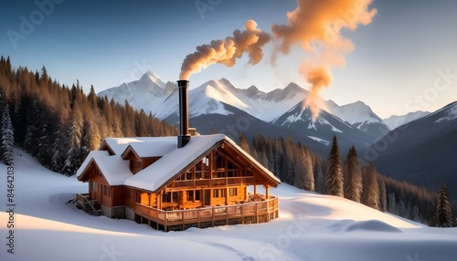 A snowy mountain lodge with smoke coming from the chimney. 