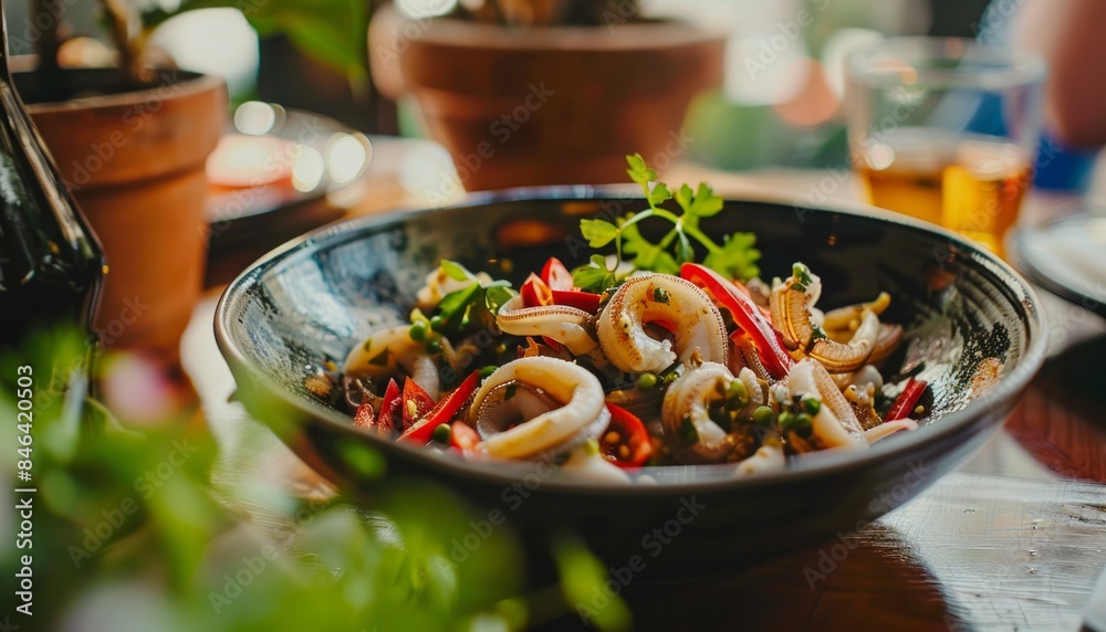 Sizzling Calamari Delight: A Spicy Splash of Red and Green Chilis Sizzling Calamari Delight: A Spicy Splash of Red and Green Chilis