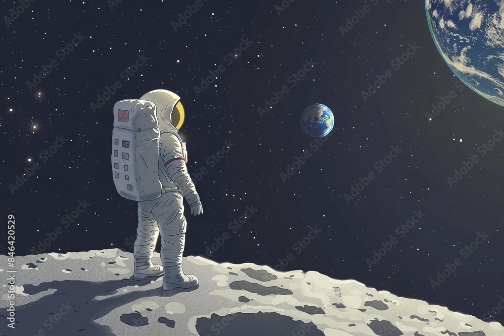 astronaut standing on the moon looking to the earth under galaxy start space. astronaut standing on the moon looking to the earth under galaxy start space.