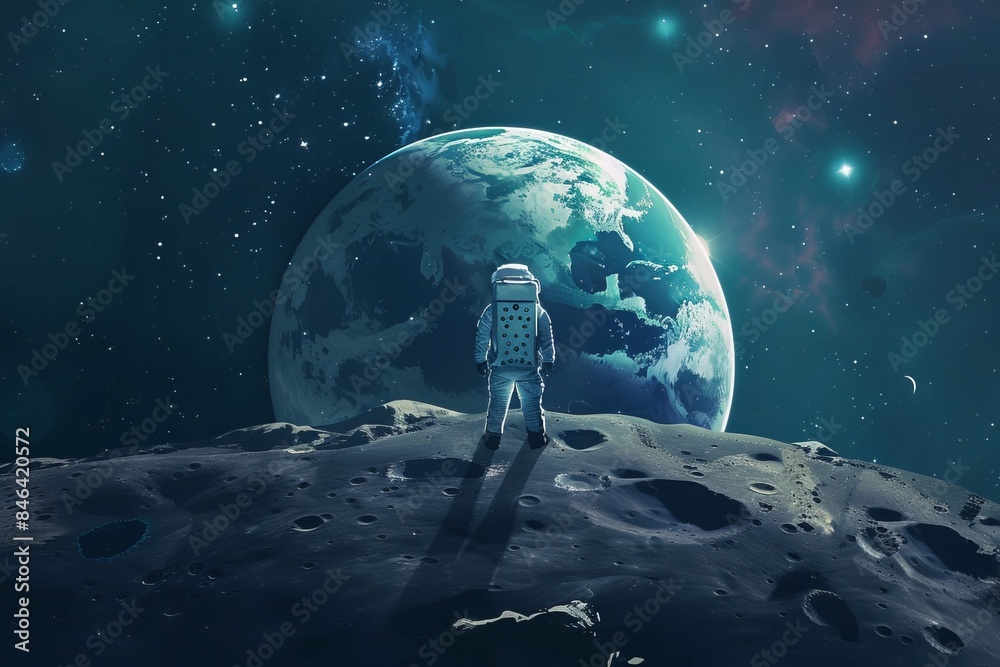 astronaut standing on the moon looking to the earth under galaxy start space. astronaut standing on the moon looking to the earth under galaxy start space.