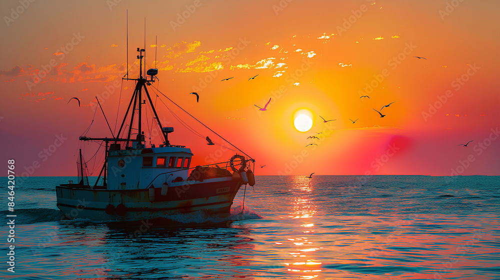Fototapeta premium fishing boat with beautiful sunset views