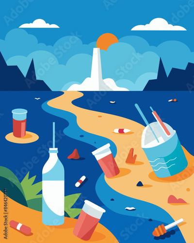 The picturesque coastline is marred by the sight of plastic straws bottles and other trash an unfortunate effect of human carelessness.. Vector illustration