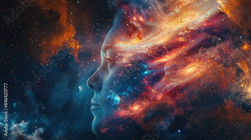 Surreal Digital Art of a Human Face Blended with Cosmic Elements, Stars, and Galaxies in a Vibrant and Mystical Space Scene