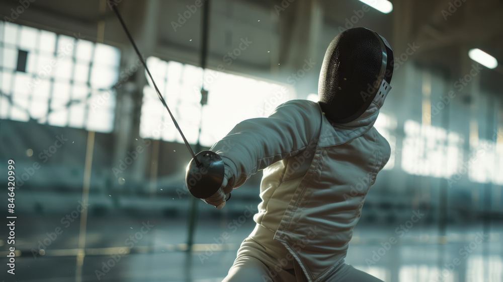 Fencing competition. A man in a white protective fencer's suit is fencing with a sword. The picture shows determination and concentration Fencing competition. A man in a white protective fencer's suit is fencing with a sword. The picture shows determination and concentration