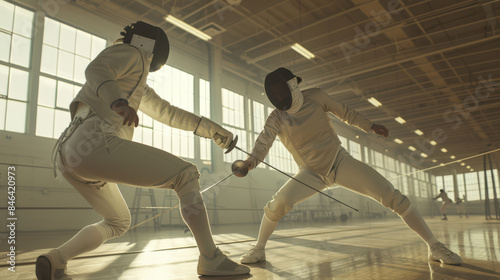 An international fencing competition. Two men in special protective suits are fencing in the gym. The scene is intense and competitive