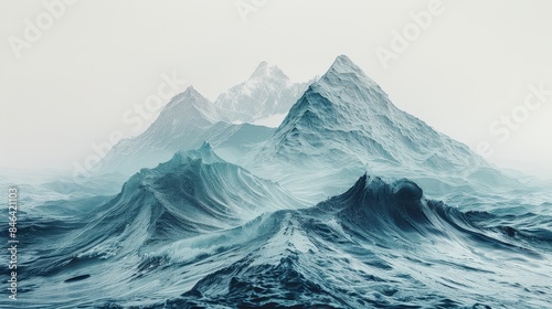 Surreal Oceanic Mountain Landscape with Misty Peaks and Turbulent Waves in a Dreamlike Atmosphere
