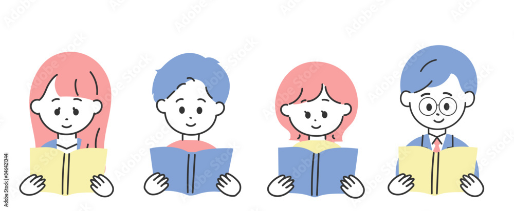 本を読んでいる4人の男女のイラスト