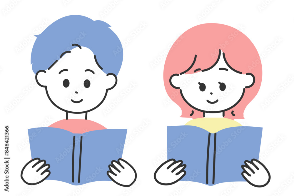 隣同士で本を読んでいる男女のイラスト 隣同士で本を読んでいる男女のイラスト