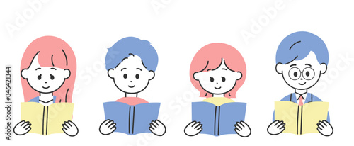 本を読んでいる4人の男女のイラスト