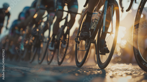 Road cycling race. A group of cyclists are racing along the road, and the sun is shining brightly on their bikes. The scene is full of energy and rivalry