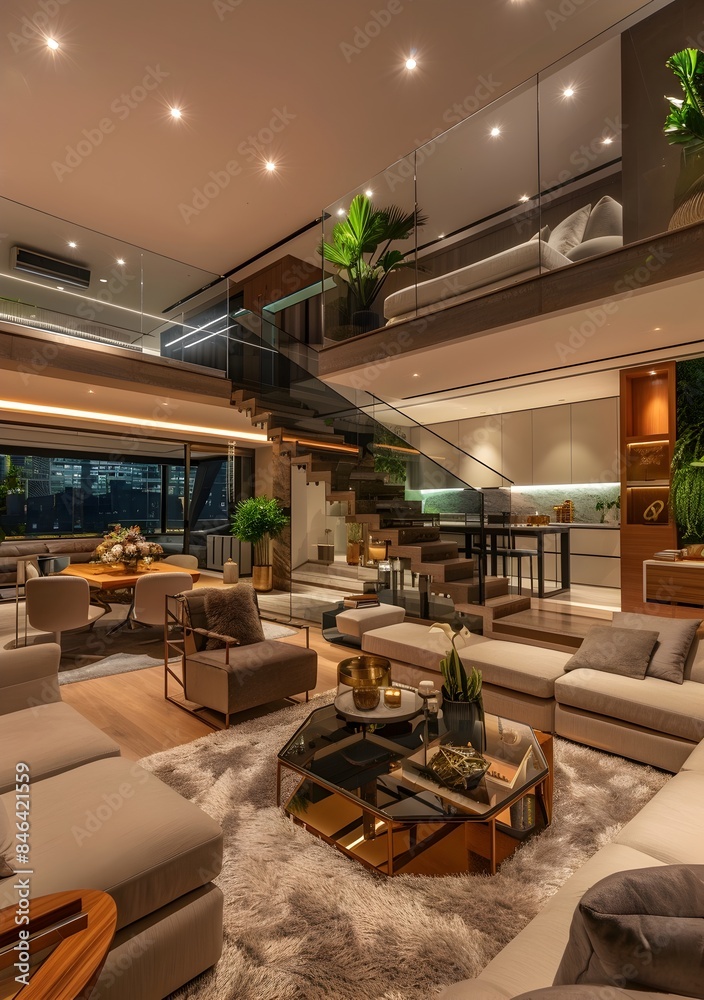 Naklejka premium Modern style, double deck living room with staircase in the middle of the space