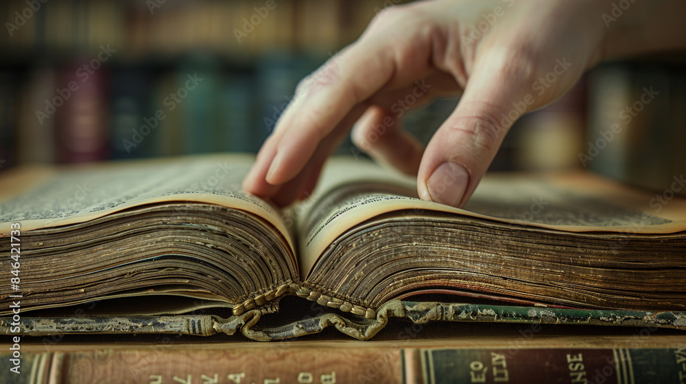 Obraz premium Hand gently turning the pages of a vintage book