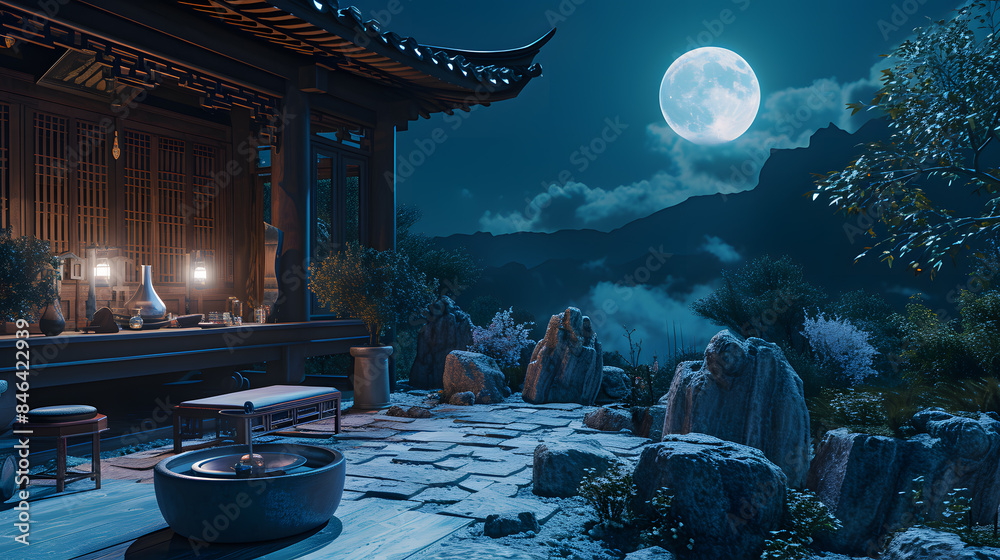Tranquil Zen Temple Under Full Moon with Glowing Lanterns and Alchemy Tools