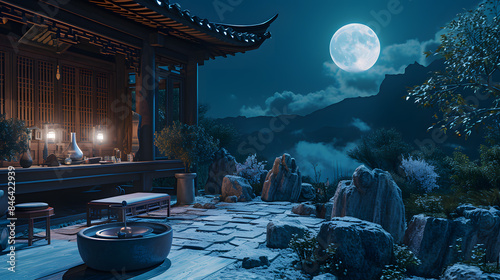 Obraz na płótnie Tranquil Zen Temple Under Full Moon with Glowing Lanterns and Alchemy Tools w salonie