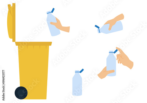 New tethered caps in EU. Hand holding bottle with cap tethered. Throwing empty plastic bottle with tethered cap into special recycling garbage bin Vector illustration. 