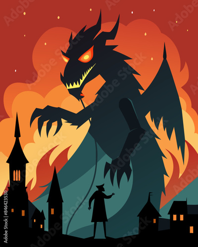 The shadow puppet of a dragon breathes fire on a town while a sinister figure controls its every move.. Vector illustration