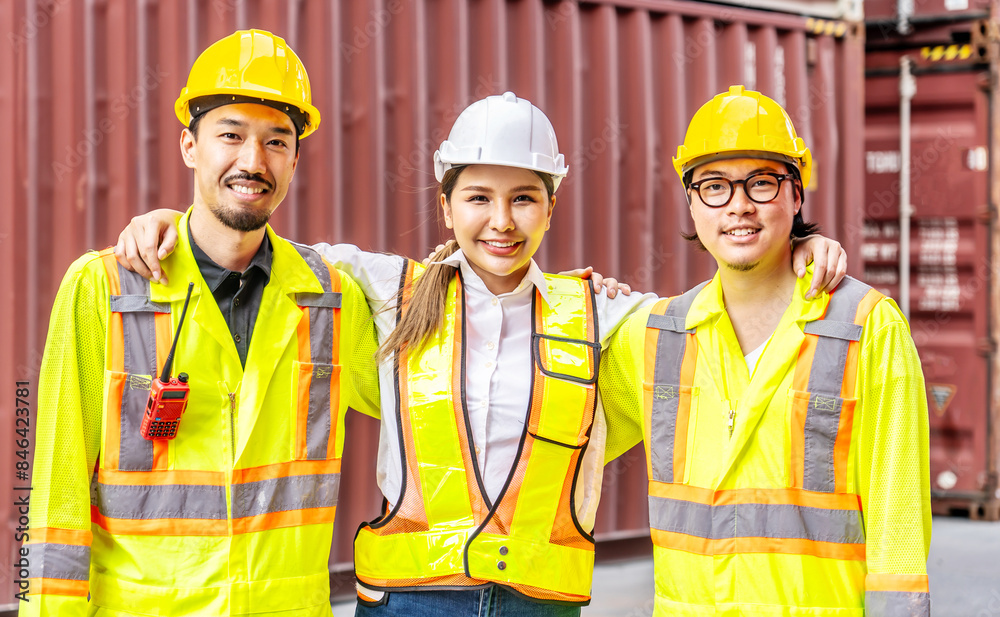 Portrait of group male and female container worker or dock foreman looking at camera and smiling together standing at warehouse logistic in Cargo freight ship for import export, friendship concept