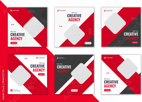 Red abstract corporate social media post design, square template set for online advertising business, creative digital marketing agency & website carousel promotion layout