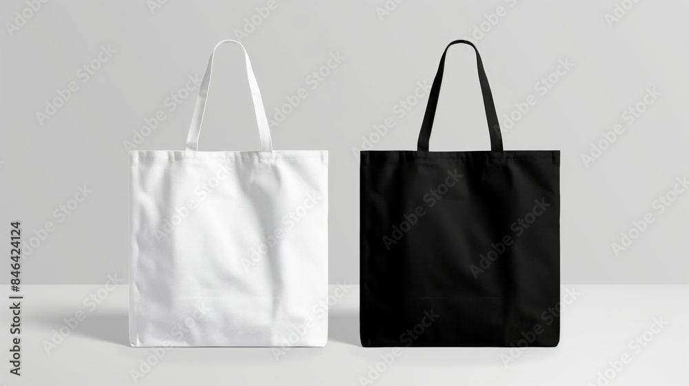 Two blank tote bags on a white surface. Two blank tote bags on a white surface.