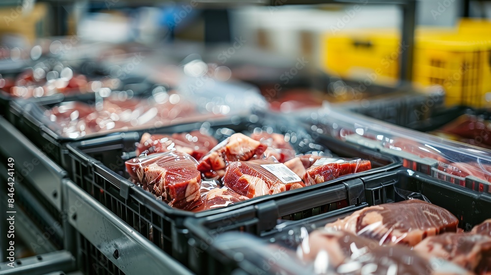 Industrial setting with packed crates of meat, each in plastic packaging, ready for shipment, logistic center Industrial setting with packed crates of meat, each in plastic packaging, ready for shipment, logistic center
