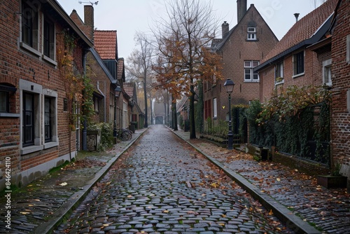 Atmospheric shot of a deserted cobblestone street flanked by houses in a quaint European town during fall © ChaoticMind