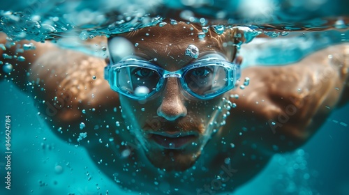 In a pool, a man with goggles on is happily swimming underwater