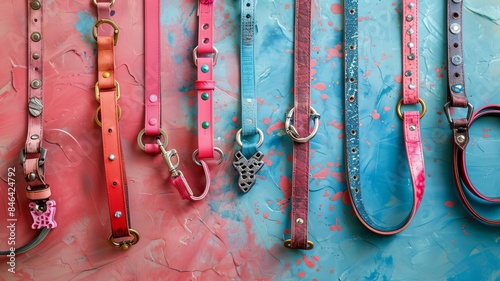 Tilted angle shot, playful pet gear arrangement, whimsical collars adorned with gems, dynamic leashes with bold colors, sporty harnesses, watercolor effect, light and airy composition, muted backdrop photo
