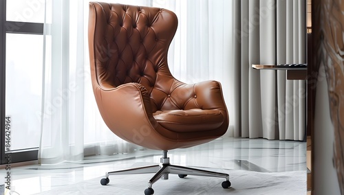 orange leather chair with diamond buttons, brass legs and four casters that seats in the middle of a modern office desk photo