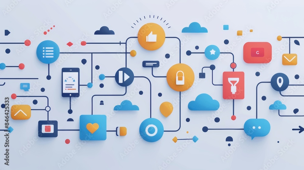 Abstract illustration of interconnected icons representing digital technology, communication, and network. Abstract illustration of interconnected icons representing digital technology, communication, and network.