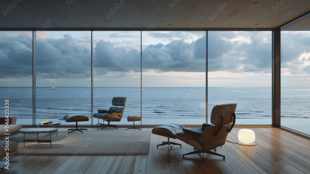 Fototapeta premium A modern living room wooden floor and a large window overlooking the ocean.
