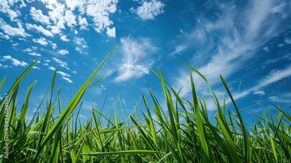 Obraz premium Green Grass Blades Against a Blue Sky.