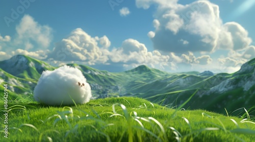 3D illustration of a cute fluffy cloud creature rests on mountaintop meadow.