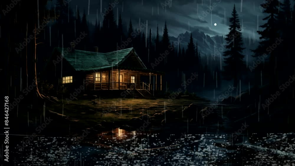 A cabin in the middle of the forest at night with rain falling, for relaxing background music. seamless looping time-lapse video background