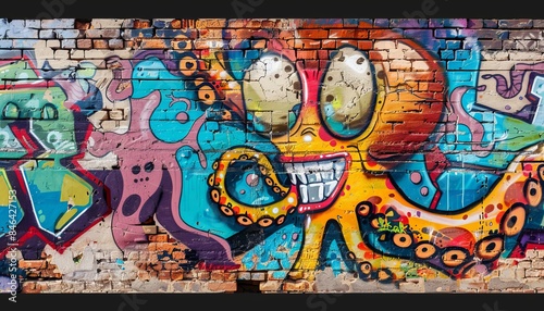 Underwater Menace: Intriguing Street Art Featuring a Sinister Octopus on an Old Brick Wall