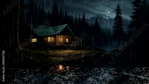 A cabin in the middle of the forest at night with rain falling, for relaxing background music. seamless looping time-lapse video background