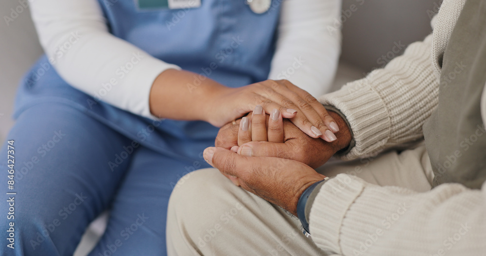Senior care, support or nurse holding hands with person for healthcare service, wellness or empathy. Sympathy, closeup and caregiver helping for comfort, trust or patient for medical check or nursing Senior care, support or nurse holding hands with person for healthcare service, wellness or empathy. Sympathy, closeup and caregiver helping for comfort, trust or patient for medical check or nursing