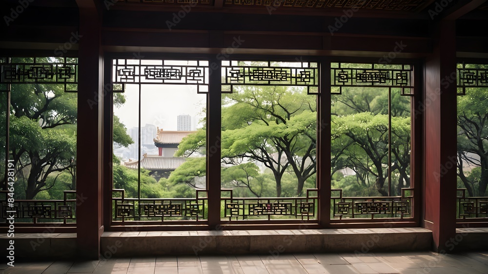 Fototapeta premium Genetative AI. The traditional Window,door,and fence. When life gets overwhelming, I simply gaze out my window and let the serenity of nature wash over me. 🌲🌊 #WindowEscape #NatureHeals